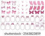 Simple hand drawn pink ribbon bows and frames. Bowknot for decoration, big set of bowtie. Large retro hand drawn ribbon illustration set. Set of various cartoon bow knots, gift ribbons. Butterfly set