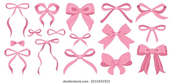 Simple hand drawn pink ribbon bow collection. Bowknot for decoration, big set of pinky bowtie. Large retro hand drawn ribbon illustration set. Set of various cartoon bow knots, gentle gift ribbons