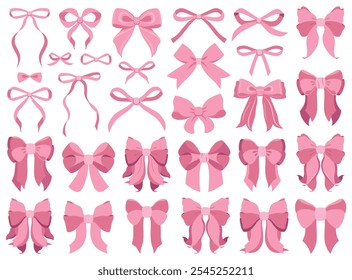 Colección de lazo de cinta rosa dibujada a mano simple. Bowknot para la decoración, gran conjunto de pajarita rosada. Grande conjunto de ilustración de cinta dibujada a mano retro. Conjunto de varios nudos de arco de dibujos animados, cintas de regalo. Ballet 