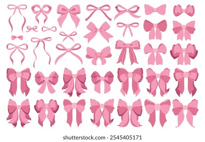 Colección de lazo de cinta rosa dibujada a mano simple. Bowknot para la decoración, gran conjunto de pajarita rosada. Grande conjunto de ilustración de cinta dibujada a mano retro. Conjunto de varios nudos de arco de dibujos animados, cintas de regalo. Ballet 