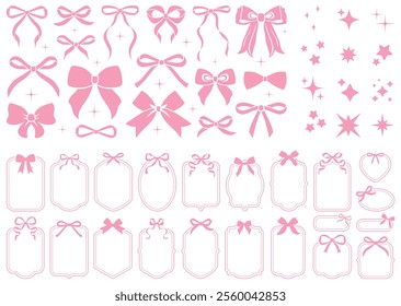 Simple hand drawn pink ribbon bow collection. Bowknot for decoration, big set of bowtie. Large retro ribbon illustration set. Set of various cartoon bow knots, gift ribbons. Frames, bows, sparkles