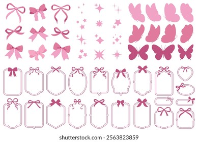 Simple hand drawn pink ribbon bows and frames. Bowknot for decoration, big set of bowtie. Large retro hand drawn ribbon illustration set. Set of various cartoon bow knots, gift ribbons. Butterfly set