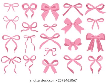 Simple hand drawn pink ribbon bow collection. Bowknot for decoration, big set of bowtie. Large retro ribbon illustration set. Set of various cartoon bow knots, gift ribbons. Valentines day, love sign 