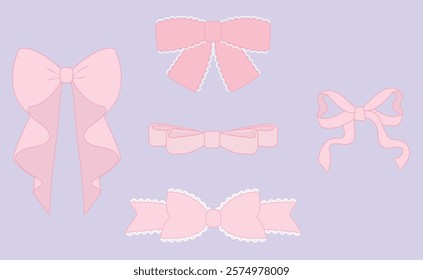 Simple hand drawn pink ribbon bow collection. Bowknot for decoration, big set of bowtie. large Retro hand-drawn ribbon illustration set. Set of various cartoon bow knots, gift ribbons.
