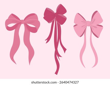 Simple hand drawn pink ribbon bow collection. Retro hand drawn ribbon illustration set. Set of various cartoon bow knots, gentle gift ribbons.