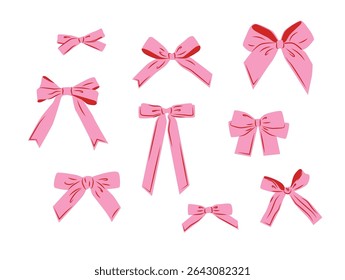Simple hand drawn pink ribbon bow collection. Bowknot for decoration, big set of pinky bowtie. Large retro hand drawn ribbon illustration set. Set of various cartoon bow knots, gentle gift ribbons