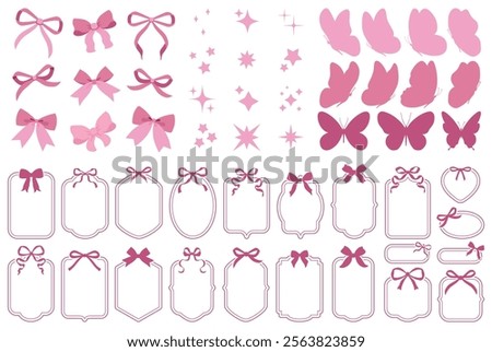 Simple hand drawn pink ribbon bows and frames. Bowknot for decoration, big set of bowtie. Large retro hand drawn ribbon illustration set. Set of various cartoon bow knots, gift ribbons. Butterfly set