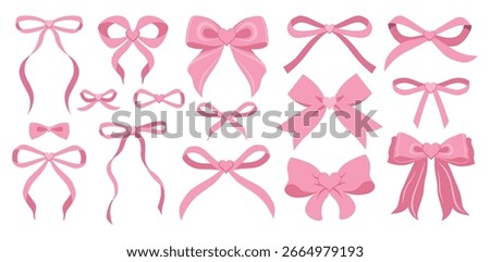 Simple hand drawn pink ribbon bow collection. Bowknot for decoration, big set of pinky bowtie. Large retro hand drawn ribbon illustration set. Set of various cartoon bow knot, gentle gift ribbon heart