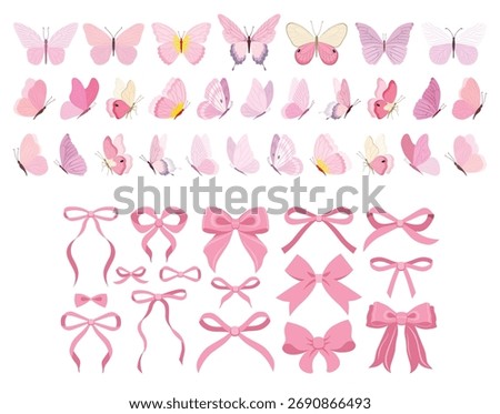 Simple hand drawn pink ribbon bow collection. Butterfly set. Bowknot for decoration, big set of pinky bowtie. Large retro hand drawn ribbon illustration set. Set of various cartoon bow knots