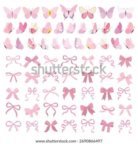 Simple hand drawn pink ribbon bow collection. Butterfly set. Bowknot for decoration, big set of pinky bowtie. Large retro hand drawn ribbon illustration set. Set of various cartoon bow knots