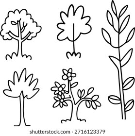 Simple Hand Drawn Plant and Tree Outlines, eco nature concept