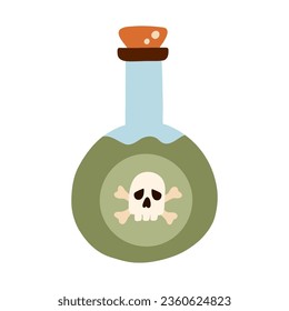 Simple hand drawn poison bottle with skull and bones mark on the label. Cute doodle of toxic, dangerous chemical liquid in cartoon style. Alchemy or magician beverage elixir in the flask or jar