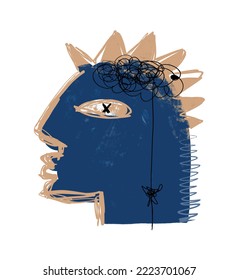 Simple Hand Drawn Portrait of a Punk. Abstract Vector Illustration with Blue Head with Mohawk on a White Background. Minimalist Print ideal for Wall Art, Poster. Modern Portrait made of Scribbles.