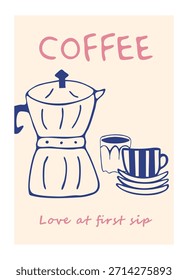 Cartel dibujado a mano simple con una olla Moka azul y tazas de café apiladas con el texto "Amor en el primer sorbo". Ideal para cafés, cocinas y conceptos de rutina matutina.