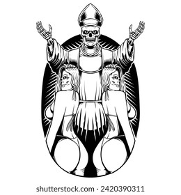 simple hand drawn of priest's skull blesses twin women in bikinis artwork illustration black and white