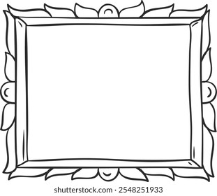 Simple, hand drawn rectangular frame features stylized floral decorations at each corner and a large blank space in the center, perfect for adding text or images