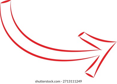 Flecha curva roja dibujada a mano simple que apunta hacia abajo y hacia la derecha sobre fondo blanco.