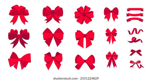 Colección de lazo de cinta roja dibujada a mano simple. Bowknot para la decoración, gran conjunto de pajarita. Navidades Elementos de Festiva. Ilustración vectorial plana para el Anuncio, cartel, tarjeta, regalo.