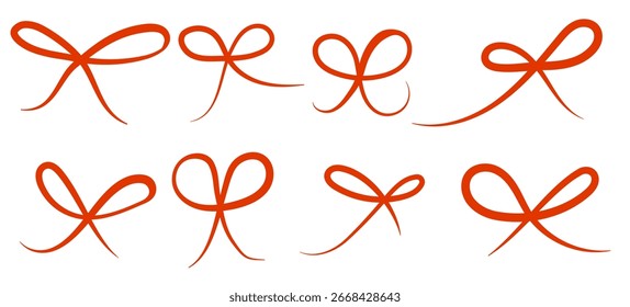 Simple hand drawn red ribbon bow collection. Bowknot for decoration, big set. Set of various cartoon bow knots, gentle gift ribbons