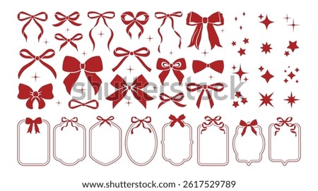 Simple hand drawn red ribbon bows and frames. Bowknot for decoration, big set of bowtie. Large retro hand drawn ribbon illustration set. Set of various cartoon bow knots, gift ribbons. Scarlet red set