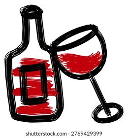Simple hand drawn red wine glass with brush strokes