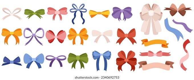 Simple hand drawn ribbon bow collection. Bowknot for decoration, big set of bowtie