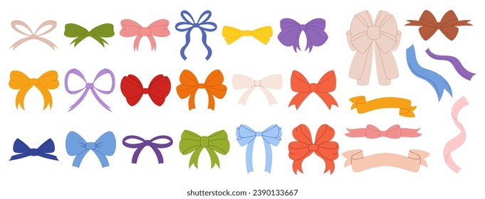 Simple hand drawn ribbon bow collection in flat organic modern style. Bowknot for decoration, big set of bowtie