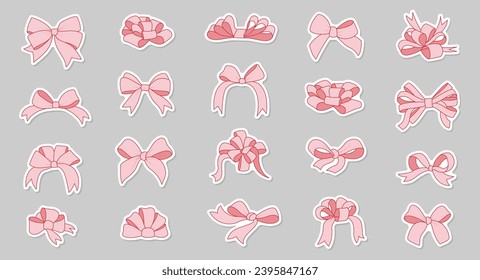 Simple hand drawn ribbon bow collection. Pink bow.Bowknot for decoration, big set of bowtie.