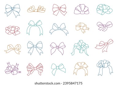 Simple hand drawn ribbon bow collection. Line art. Bowknot for decoration, big set of bowtie.