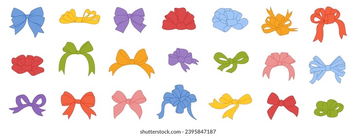 Simple hand drawn ribbon bow collection. Bowknot for decoration, big set of bowtie.