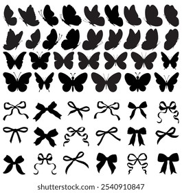 Simple hand drawn ribbon bow collection. Bowknot for decoration, big set of color bowtie. Set of color butterflies isolated on white background, collection of silhouettes.Butterfly black color, flying