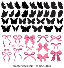Simple hand drawn ribbon bow collection. Bowknot for decoration, big set of color bowtie. Set of color butterflies isolated on white background, collection of silhouettes.Butterfly black color, flying