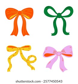 Simple hand drawn ribbon bow collection. Bowknot for decoration, big set of bowtie. Vector ribbons, silk bows for gifts, present knots and wrap pack isolated.