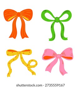 Simple hand drawn ribbon bow collection. Bowknot for decoration, big set of bowtie. Vector ribbons, silk bows for gifts, present knots and wrap pack isolated.