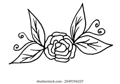 Einfache handgezeichnete Rose mit Blättern Umrisszeichnung