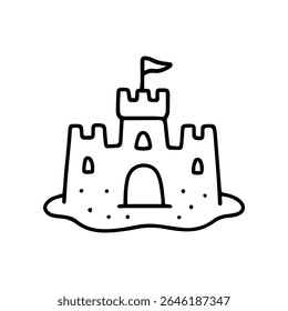 Eine einfache handgezeichnete Sandburg mit Fahne ruht auf dem Sandstrand. Dies ist ein Vektorgrafik-Symbol, das Urlaubs- und Kinderaktivitäten darstellt