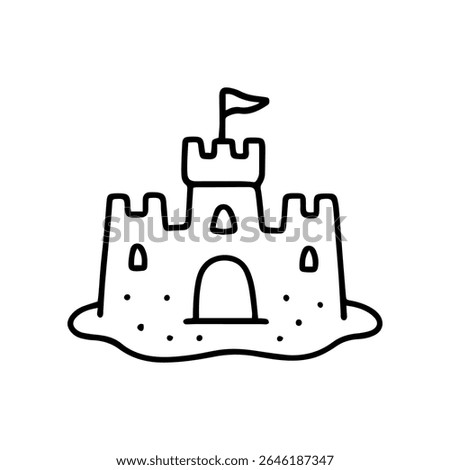A simple hand drawn sandcastle with flag is resting on the sandy beach. This is a vector illustration icon representing vacation and childhood activities