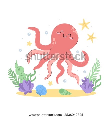 Simple hand drawn scene with marine animal kawaii pink octopus. Cute underwater creatures in flat cartoon style, isolated. ocean theme projects 