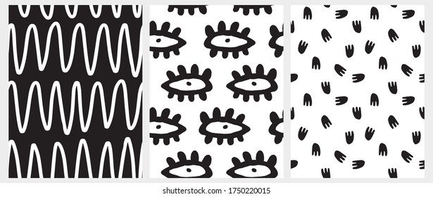 Simple Hand Drawn Scribbles Seamless Vector Patterns. Geometric Repeatable Print. Black and White Zig Zag Vector Template. Black Abstract Eyes on a Black Background. Black Dabs on a White Backdrop.