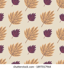 Simple hand drawn seamless doodle pattern with botanic decorative autumn leaf ornament. Light background. Decorative backdrop for fabric design, textile print, wrapping, cover. Vector illustration.