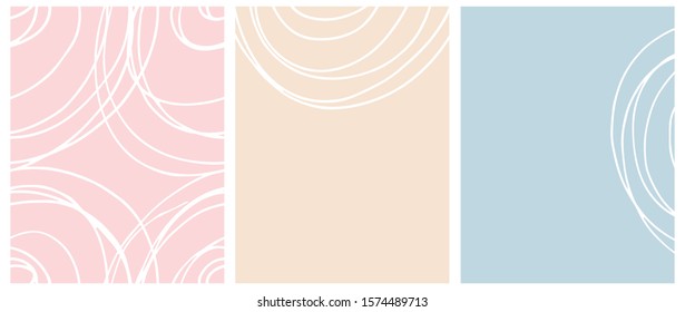 Simple Hand Drawn Seamless Geometric Vector Pattern and 2 Layouts. White Free Hand Lines Isolated on a Light Blue, Pink and Cream Background. Simple Abstract Vector Prints Ideal for Layout, Cover.