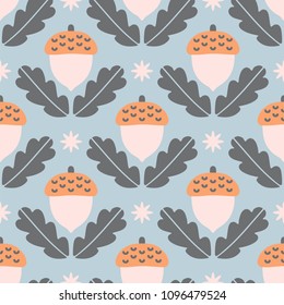 Simple hand drawn seamless pattern with acorns and leaves in scandinavian style. Bright and soft color palette. Vector design.