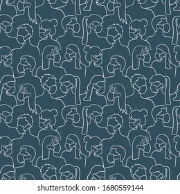 Simple hand drawn seamless pattern with crowded people wearing masks to protect them - vector design