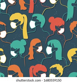 Simple hand drawn seamless pattern with crowded people wearing masks to protect them - vector design