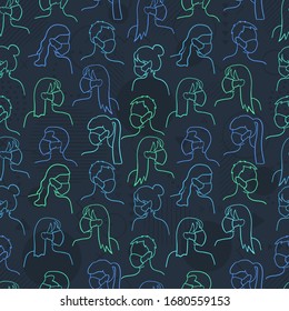 Simple hand drawn seamless pattern with crowded people wearing masks to protect them - vector design