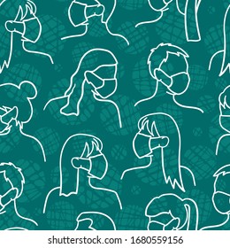 Simple hand drawn seamless pattern with crowded people wearing masks to protect them - vector design