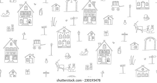 Simple hand drawn seamless texture and Christmas Village  Childish outlines houses  presents   characters white  Vector pattern 