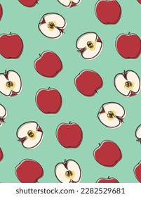Simple hand drawn seamless vector pattern of red apples.  Great for social media, cards, posters, packaging, print graphics and more.