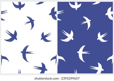 Sencillo patrón de vectores semisin mano con grietas voladoras. Dibujo de aves en un fondo azul y blanco oscuro. Impresión repetible con golondrinas voladoras. RGB. Gráfico infinito con Jay Silhoutte.