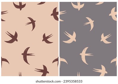 Simple Hand Drawn Seamless Vector Pattern with Flying Jays. Grunge Drawing of Birds on a Beige and Gray Background. Repeatable Print with Flying Swallows. RGB. Endless Graphic with Jays Silhoutte.